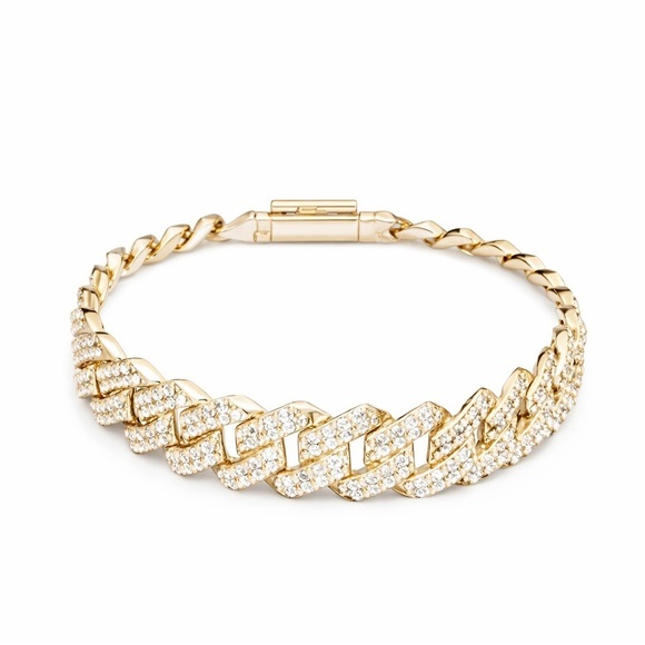 Sable & Red Jewelry - Gold Cuban Link Bracelet with Pave Crystals 14mm • 7.5”